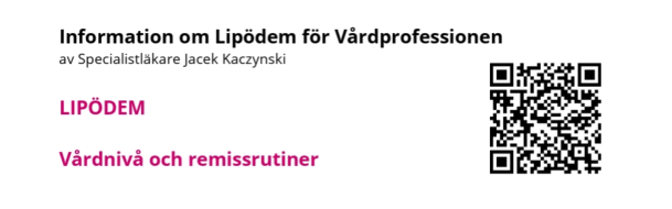 Informationsbanner med texten Lipödem, Vårdnivå och remissrutiner samt QR-kod i högra hörnet.